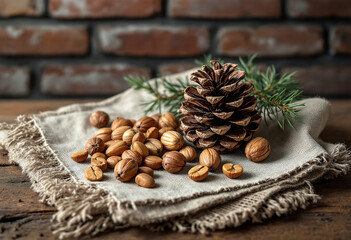 Pine cone and nuts on a napkin from sackcloth on the background of a brick wall