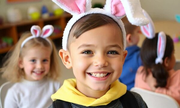 Kindergarten student wearing oversized bunny ears during a costume day, grinning brightly, showcasing happiness and imagination