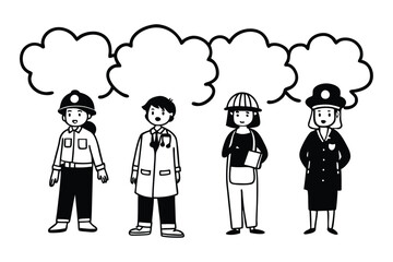 Occupational Characters set, Great for educational and career-related projects, Illustrations of professionals with thought bubbles for dialogue.


