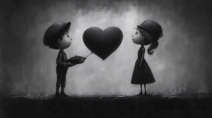 A sweet illustration of two characters cooking a heart-shaped meal together on a white background. The cooperative and loving activity emphasizes partnership and affection, perfect for love-themed 