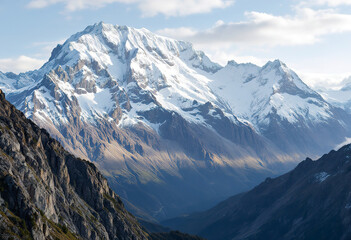 Fototapeta premium Rugged, snow-capped mountain peaks with steep, rocky slopes and deep valleys in the background
