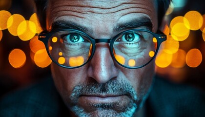 Intense Gaze Through Spectacles Close-Up Portrait of Middle-Aged Man amidst Bokeh Lights