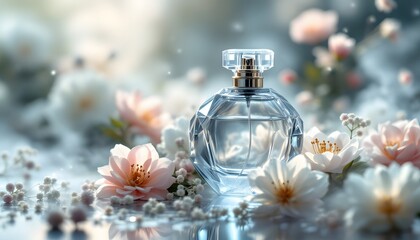 Elegant Perfume Bottle mockup with Floral Accents and Soft Bokeh Background
