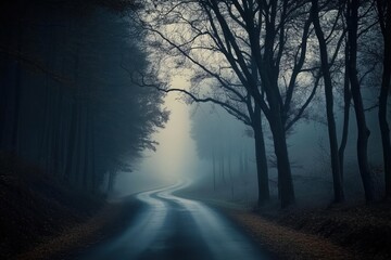 Fototapeta premium Long exposure capturing a winding road vanishing into a fog-laden forest at dusk, evoking an air of mystery and creating an atmospheric, serene landscape