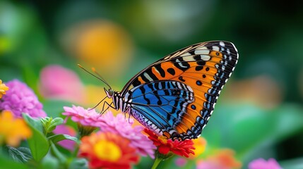 Fototapeta premium A high-resolution close-up of a colorful butterfly resting on a blooming flower. The butterfly’s wings showcase intricate patterns in vibrant hues of blue, orange, and black.