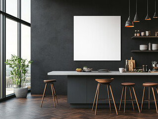 Wall art mockup in modern and contemporary kitchen with dark brown hues. 