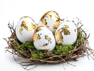 Obraz premium Easter eggs with gold leaf nestled in a rustic nest of twigs and moss.