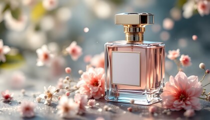 Elegant Perfume Bottle mockup with Floral Accents and Soft Bokeh Background