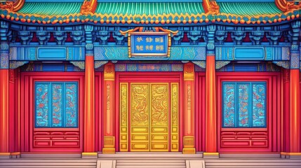 Fototapeta premium Vibrant traditional architecture featuring ornate doors and colorful decorations.