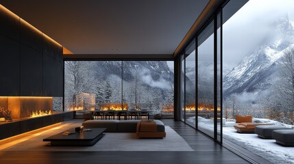 Modern minimalist living room with mountain view and fireplace.