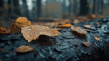 A close-up of raindrops on a leaf in a forest
