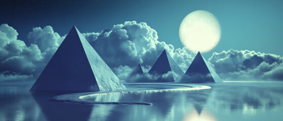 A surreal mountain landscape with sphere and cube peaks illuminated by moonlight.