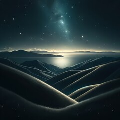 tranquil night scenes of rolling hills under a starry sky with a serene sea view