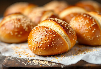 A close-up shot of a freshly baked sesame seed bread roll