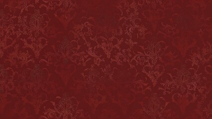 Seamless damask pattern with a rich, dark red color palette, made of floral and swirl motifs, symmetrical, The background is a darker shade of red, suitable for decorative purposes.
