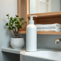 Minimalist bathroom shelf, white ceramic pump bottle, small potted plant, wooden surface, beige wall, clean aesthetic, soft lighting, hygiene product, natural elements