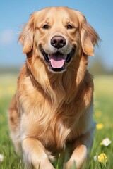 Happy Golden Retriever Dog with Tongue Out ,Smiling in a Meadow of Flowers, Dog Portrait.