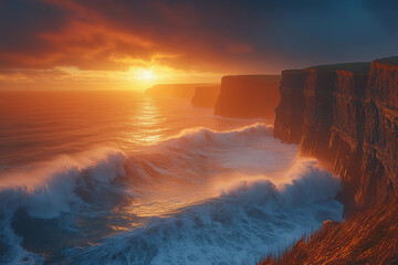 Dramatic sunset over the Cliffs of Moher with crashing waves and vibrant clouds