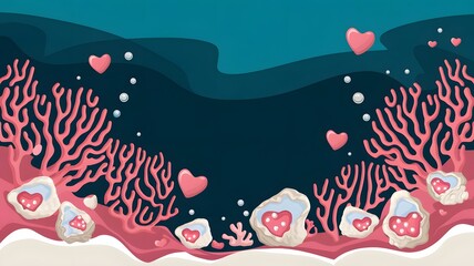 An enchanting ocean-inspired Valentine's Day background with heart-shaped coral reefs, pearl-filled oysters, and tiny bubbles rising, set on a deep aquamarine gradient, blending romance with nature.