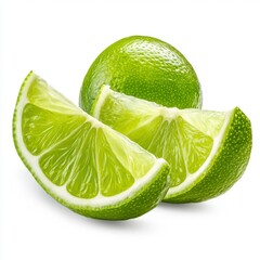 Fresh Green Limes and Slices on White Background for Culinary Use