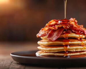 A delicious stack of fluffy pancakes topped with crispy bacon and drizzled with syrup, perfect for a hearty breakfast.
