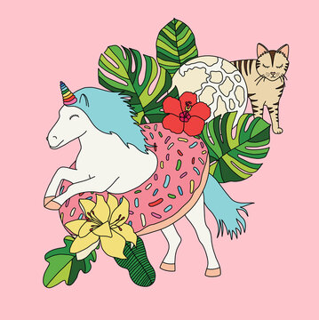 Unicorn with Floral Arrangement and Cat