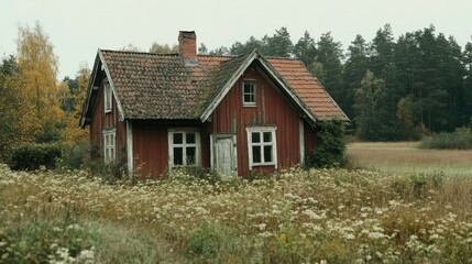 Naklejka premium Old red house surrounded by wildflowers and trees.