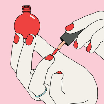 Vector Illustration Closeup of Woman's Hand Getting Home Manicure, Painting her Nails with Red Polish on Pink Background