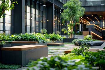 A large indoor garden with a variety of plants and trees