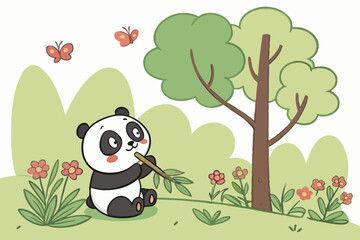 A cartoon-style drawing of a panda eating bamboo in a forest, surrounded by butterflies and flowers