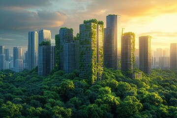 Fototapeta premium vision of a harmonious green city of the future where towering skyscrapers intertwine with lush greenery showcasing a perfect balance between urban life and natures beauty