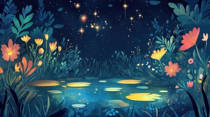 Nighttime Pond Scene with Flowers and Stars
