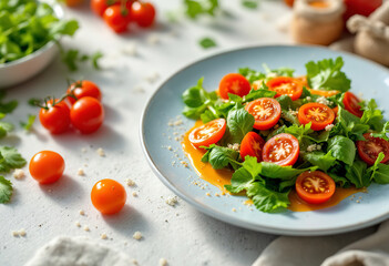 a fresh green salad with mixed greens, sliced cherry tomatoes, and a vibrant orange dressing
