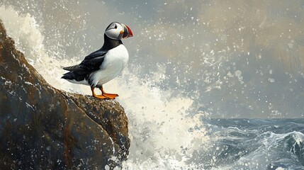 Obraz premium Atlantic Puffin Perched on Rocky Cliff Amidst Ocean Waves