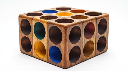 Colorful wooden cube organizer with nine compartments.