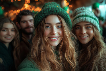 Fototapeta premium Group of friends celebrating Saint Patrick's Day with a joyful selfie at a festive gathering