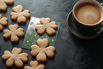 Fototapeta premium Enjoying festive shamrock cookies and coffee for Saint Patrick's Day celebration