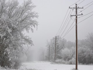 A serene winter scene featuring snowy trees alongside power lines, enveloped in fog, creating a tranquil and frosty atmosphere.
