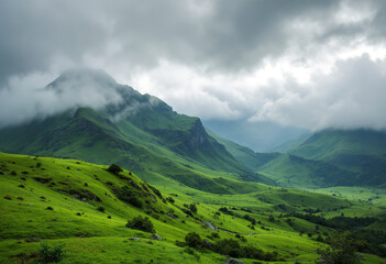 Fototapeta premium A lush, green mountainous landscape with dramatic cloudy skies. The rolling hills are covered in vibrant green vegetation, contrasting with the grey, stormy clouds overhead
