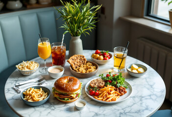 A marble table in a casual dining setting is adorned with a variety of food items and beverages