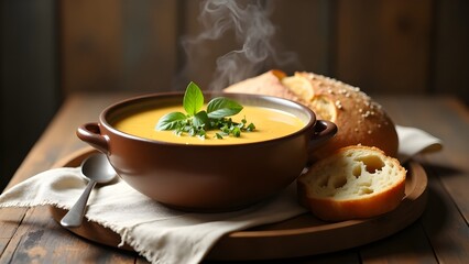 A steaming bowl of soup with crusty bread on a rustic wooden table