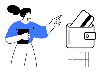 Woman pointing at a large wallet containing a credit card while holding a tablet stacked boxes. Ideal for online shopping, e-commerce, payment processing, logistics, finance, technology, investment