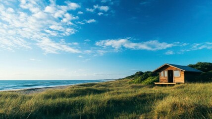 A serene beach scene featuring a wooden cabin nestled among tall grass, with a clear blue sky and gentle waves in the background.