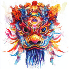 Colorful lion mask illustration with intricate details and vibrant hues