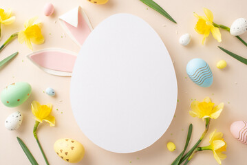 Bright Easter setup featuring a large white egg, daffodils, and pastel eggs