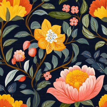 Intricate Floral Chintz Seamless Pattern with Maximalist Rococo Style, Densely Layered Flowers in Meadow Design, Loopable Swatch.
