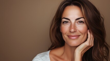 Portrait of a Smiling Mature Brunette, Woman in Her 40s or 50s, Beauty and Confidence in Middle Age, Skincare, Lifestyle and Natural Cosmetics Concept, Mocha Mousse Background with Copy Space.	