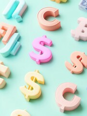 Naklejka premium A colorful arrangement of pastel letters and dollar signs on a mint green background, showcasing a playful and creative design.