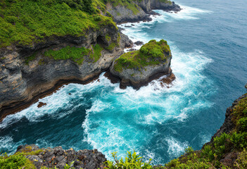 A rocky coastline with crashing waves, surrounded by lush green vegetation on the cliffs above. The ocean is a deep blue-green color, with white water foaming around the rocky outcroppings