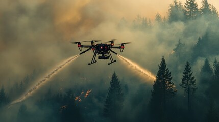 An advanced drone sprays fire retardant chemicals over a forest canopy, with billowing smoke obscuring the background